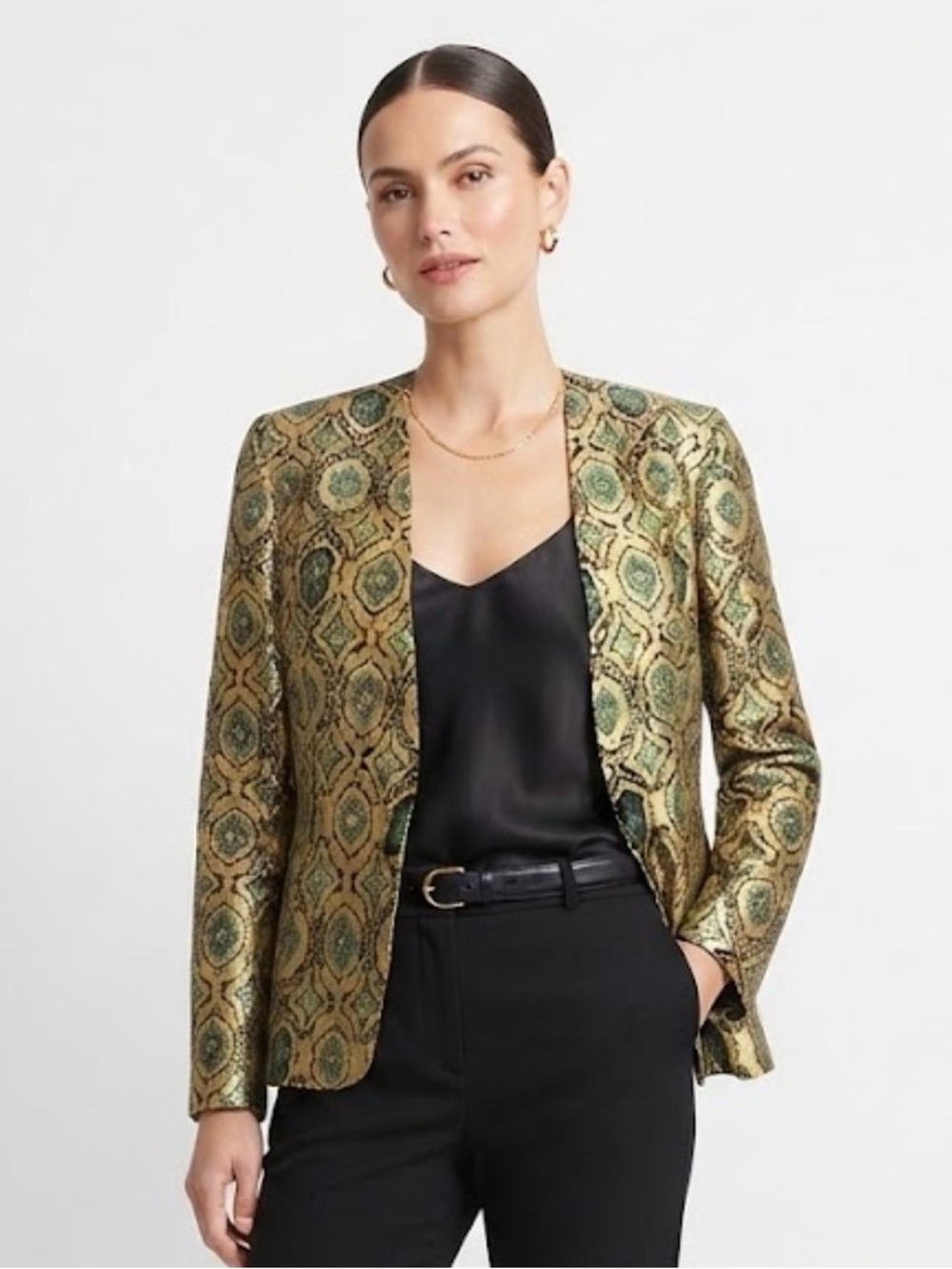Vintage Talbots Gold & Green Brocade Single Button Blazer Jacket Size 6